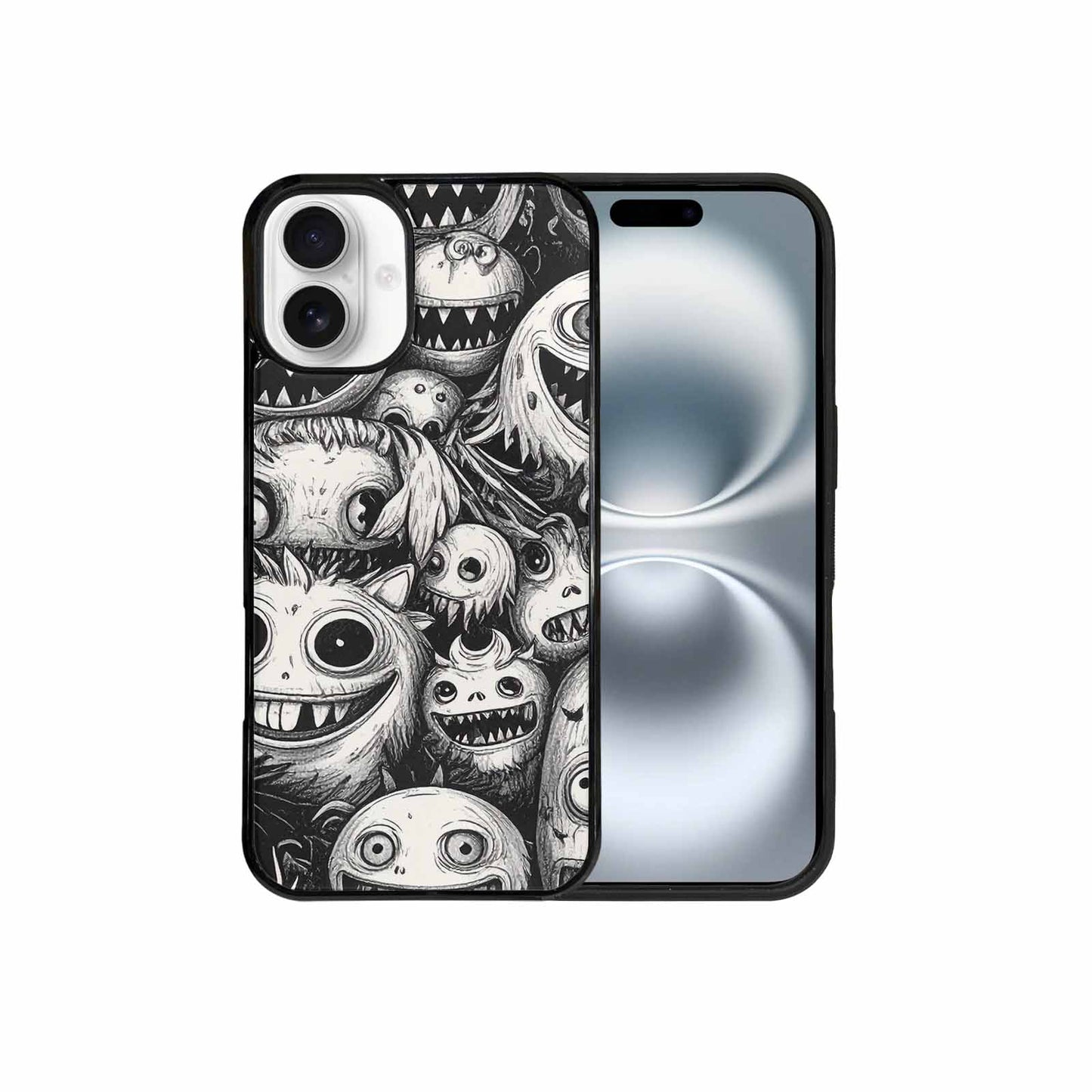 iPhone 16 Plus Case — Black And White Monster Face Collage, Custom Designed Case Cover