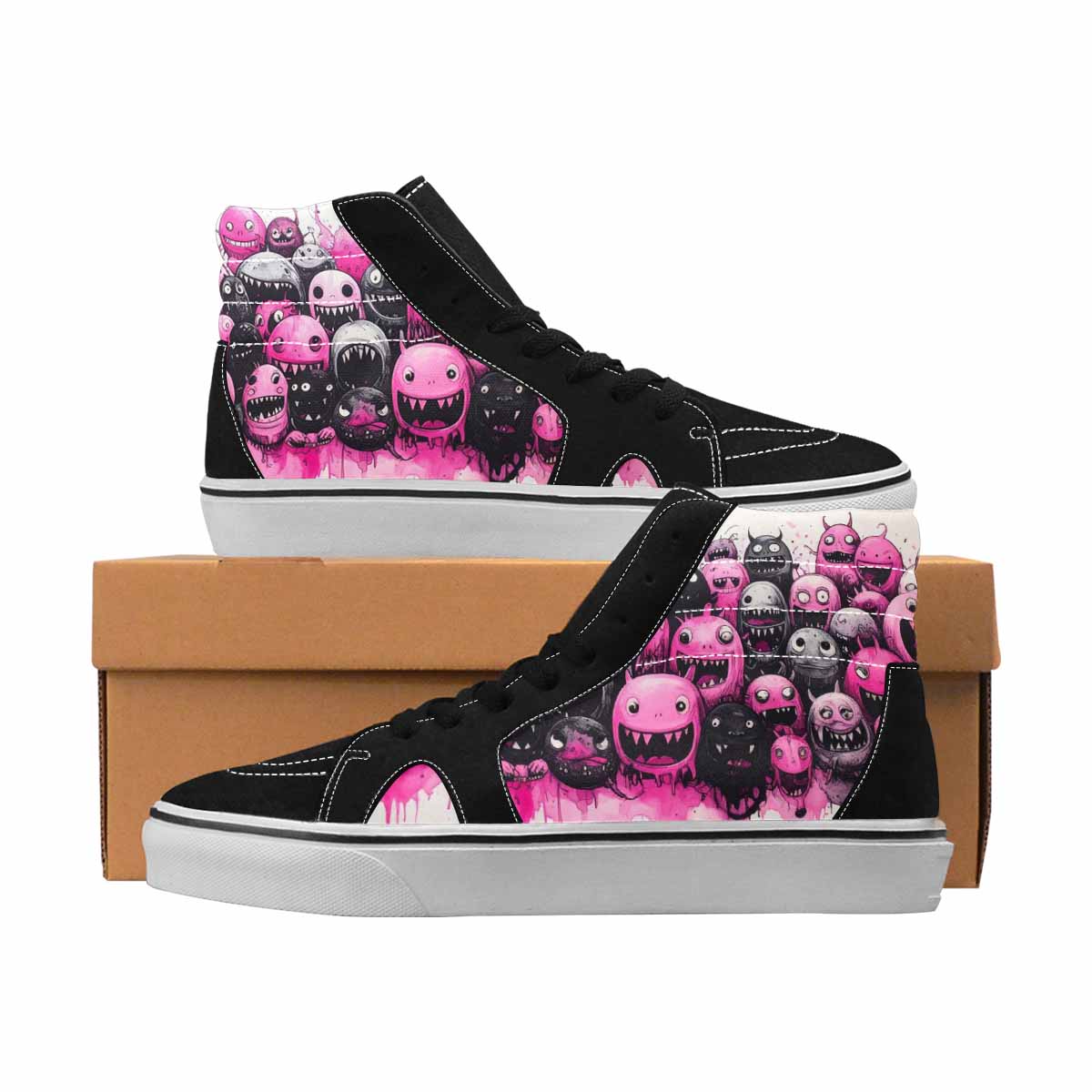 MEN'S Monsters Black & Pink Ink High Top Canvas Custom Fashion Neon Fantasy Customized Sneakers