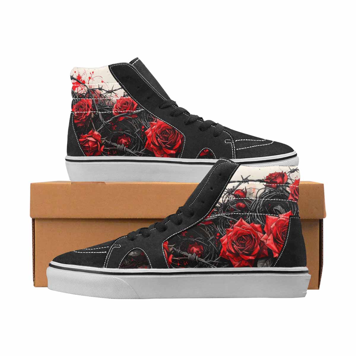 WOMEN'S Barbed Wire Black & Red Ink High Top Canvas Personalized Grunge Custom Art Shoes