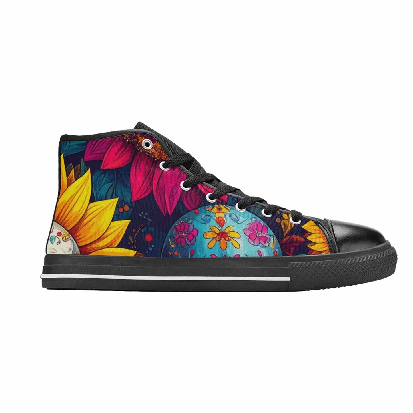 WOMEN'S Sunflower Skulls Print High Top Canvas Wallpaper Art Sneakers