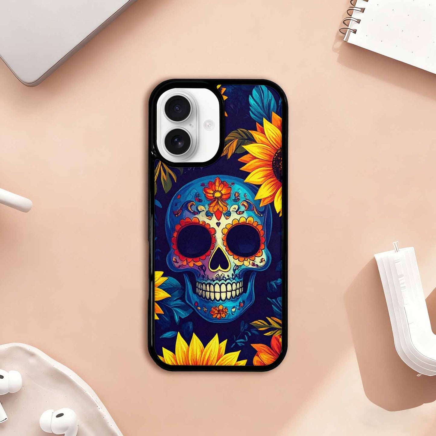 iPhone 17 Case — Sunflowers Skulls Art Seamless Gothic Skulls, Custom Art Phone Cover