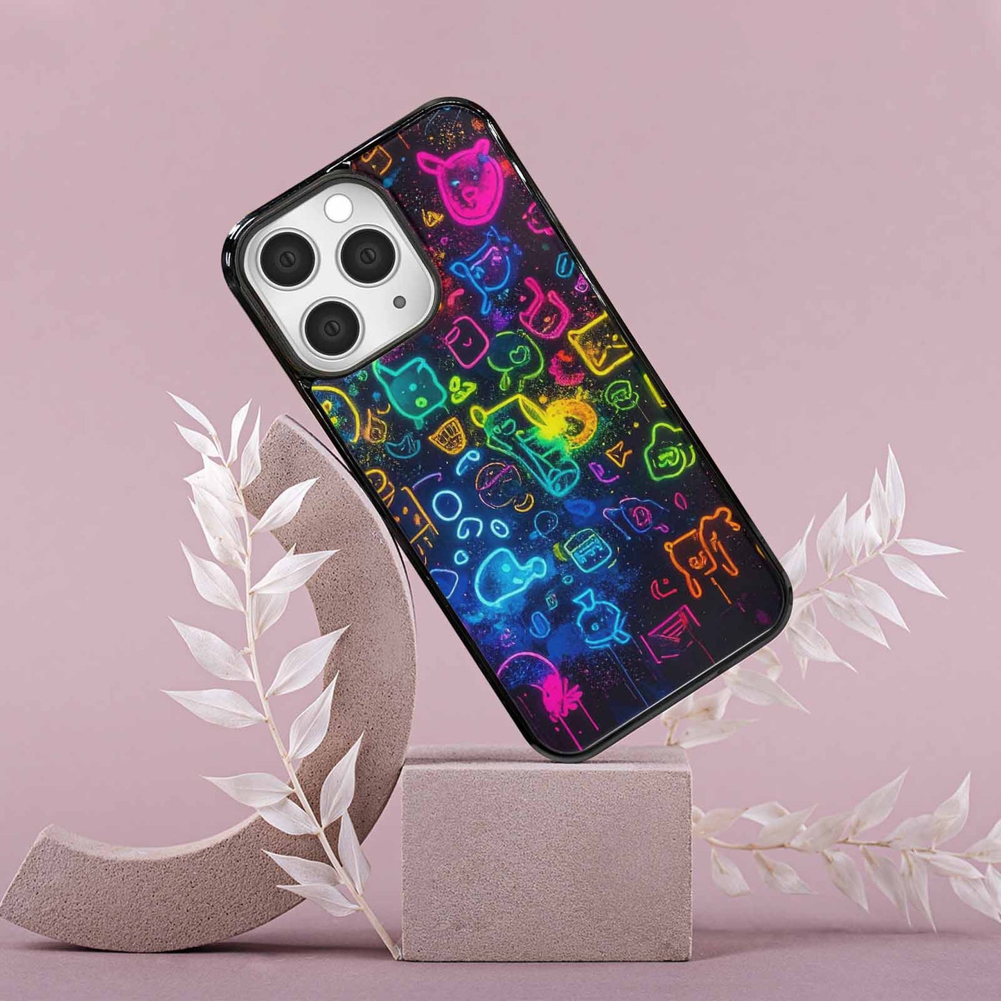 iPhone 15 Pro Max Case — Neon Glow Outline Icon Pattern Hundreds, Customized Protective Case