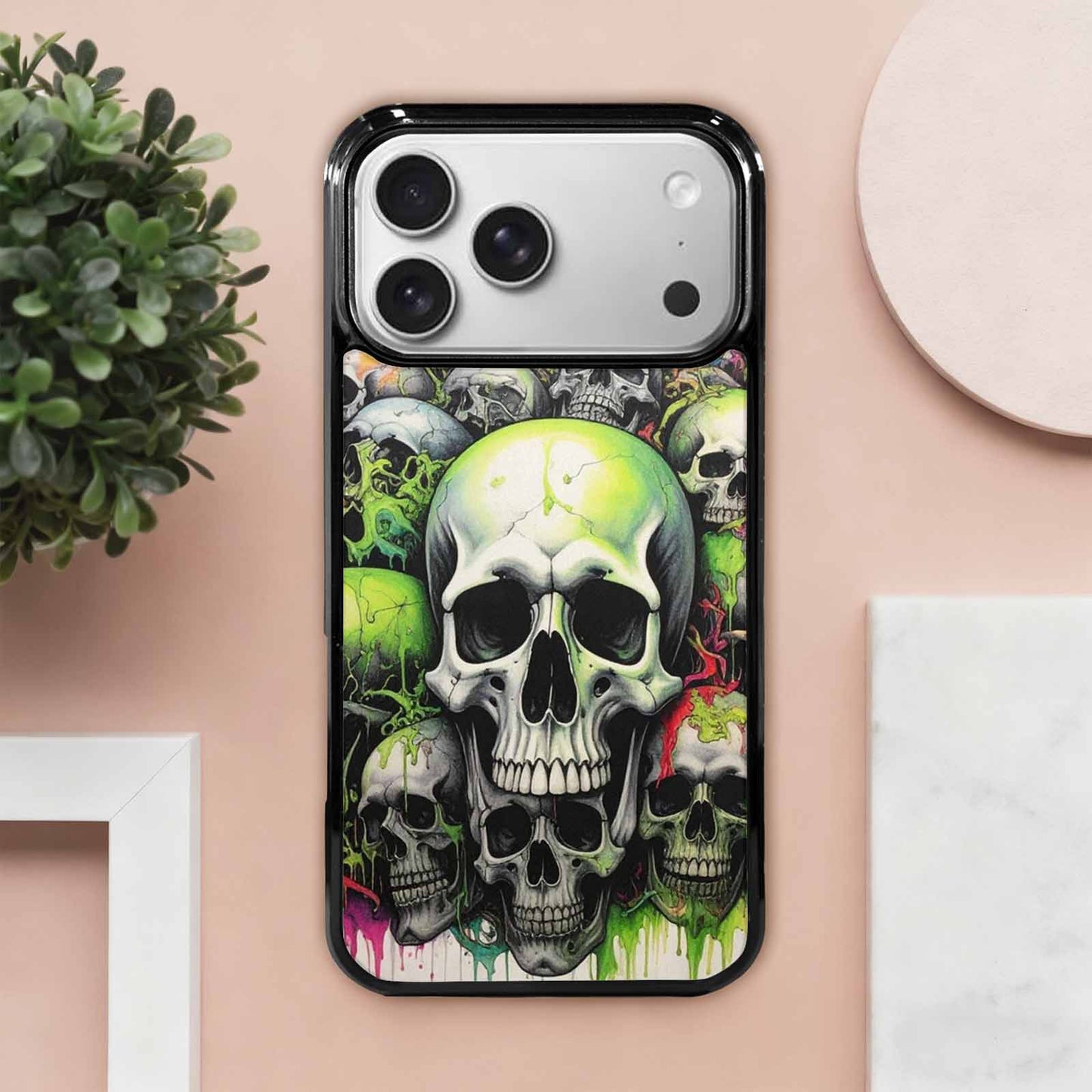 iPhone 17 Pro Max Case — Black &amp; Green Ink Gothic Skulls, Personalized Phone Case