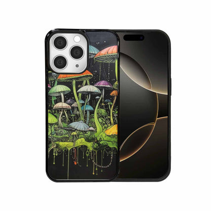 iPhone 15 Pro Max Case — Rainbow Drip Mushrooms Black Green Ink, Unique Phone Case Design