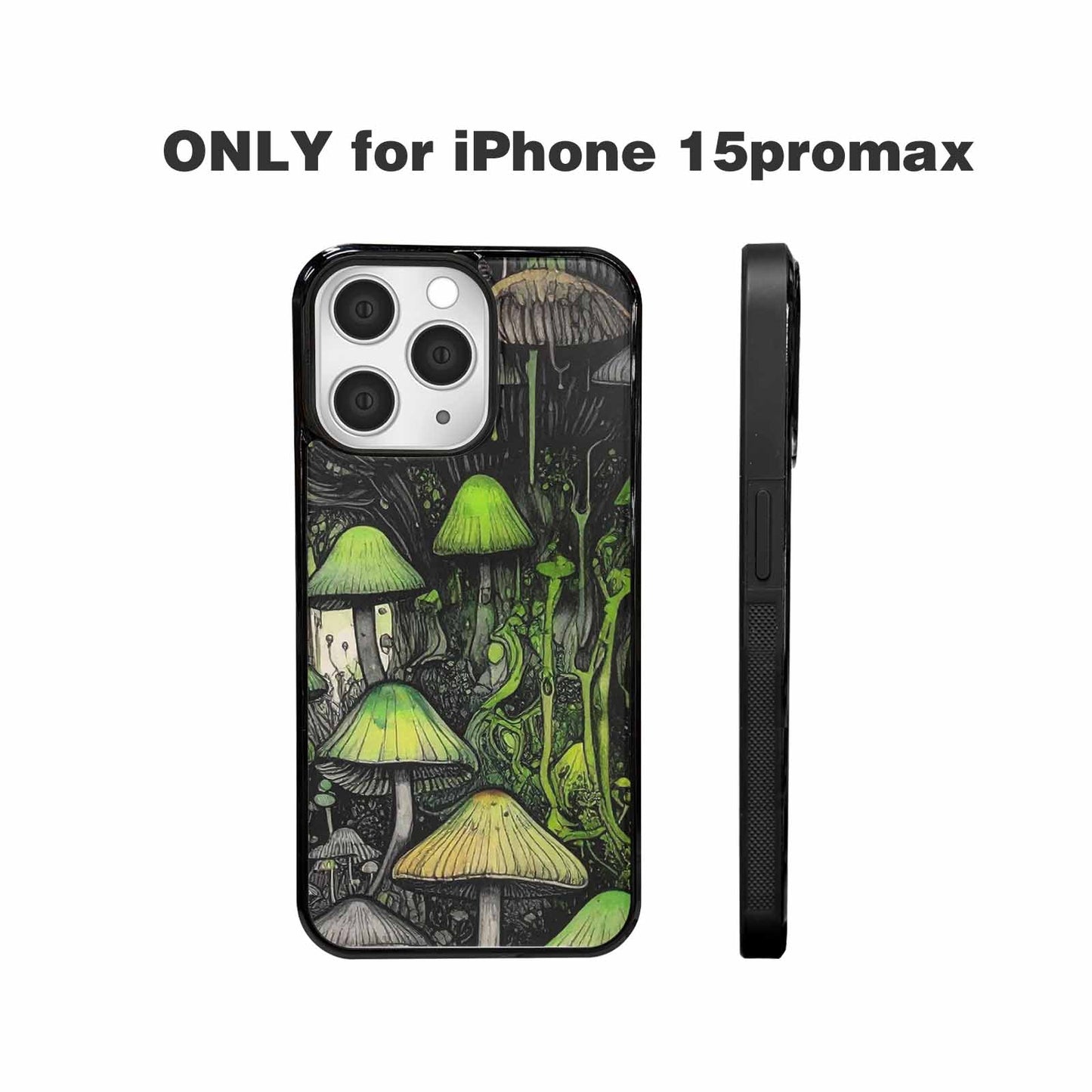 iPhone 15 Pro Max Case — Rainbow Drip Mushrooms Black Green Ink, Original Design Phone Case