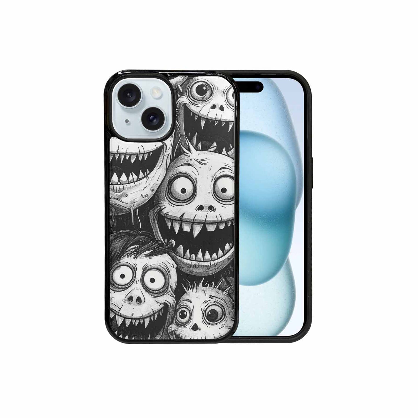 iPhone 15 Case — Black And White Monster Face Collage, Custom Phone Case