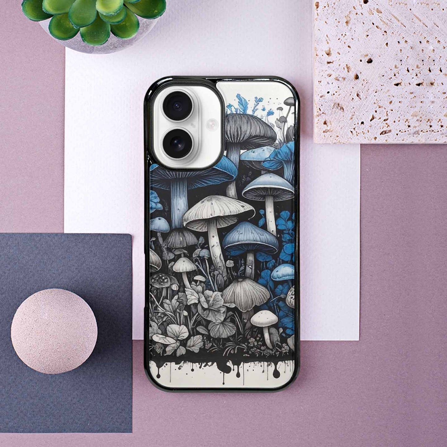 iPhone 16 Case — Mushrooms General Black Blue Ink Mushrooms, Unique Phone Case Design