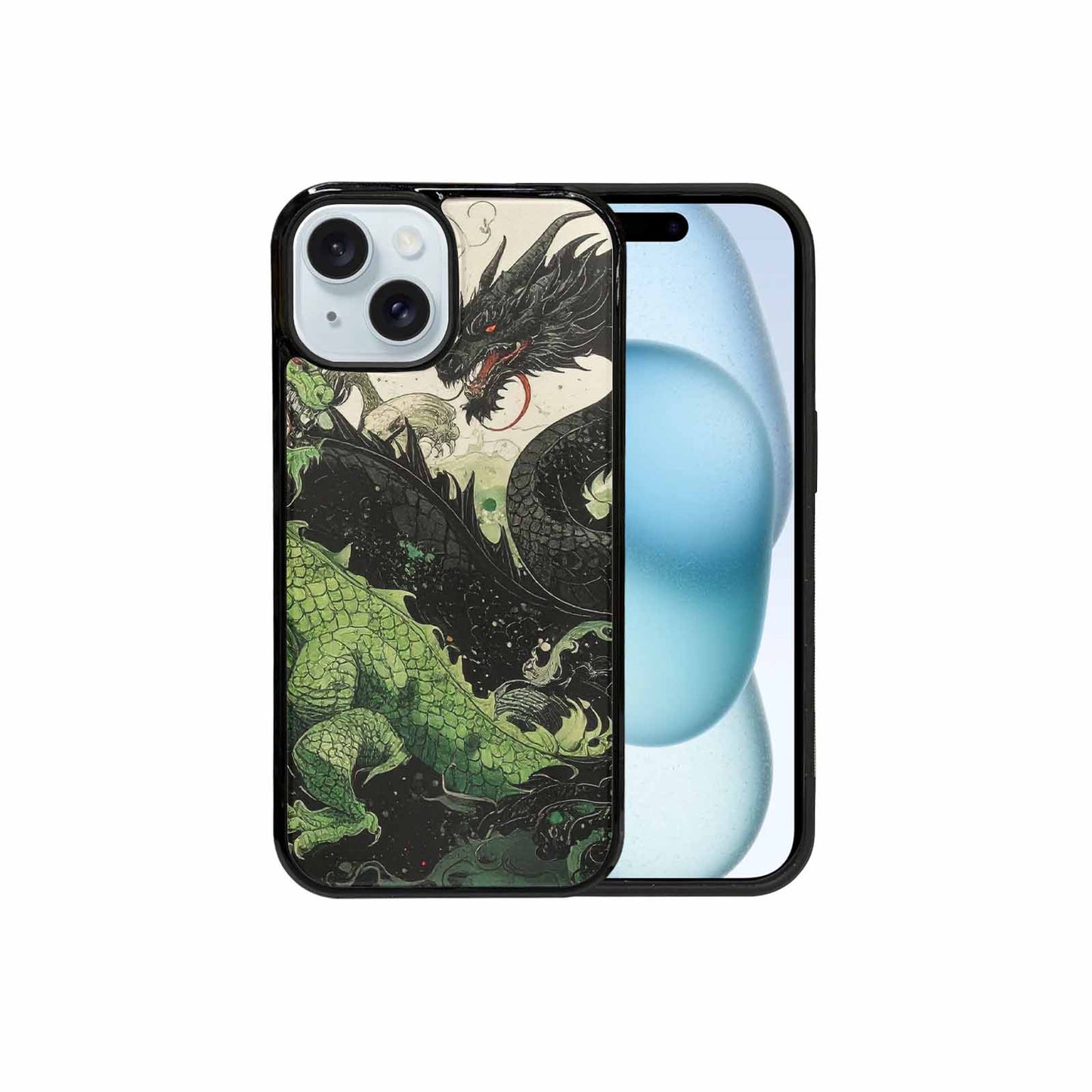 iPhone 15 Case — Dragon Scale Black Green Ink Dragons, Custom Designed Case Cover