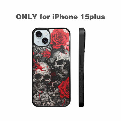 iPhone 15 Plus Case — Skull And Roses Black Red Ink, Unique Phone Case Design