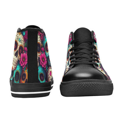 WOMEN'S Sugar Skull Gold Ornate High Top Canvas Wallpaper Art Sneakers