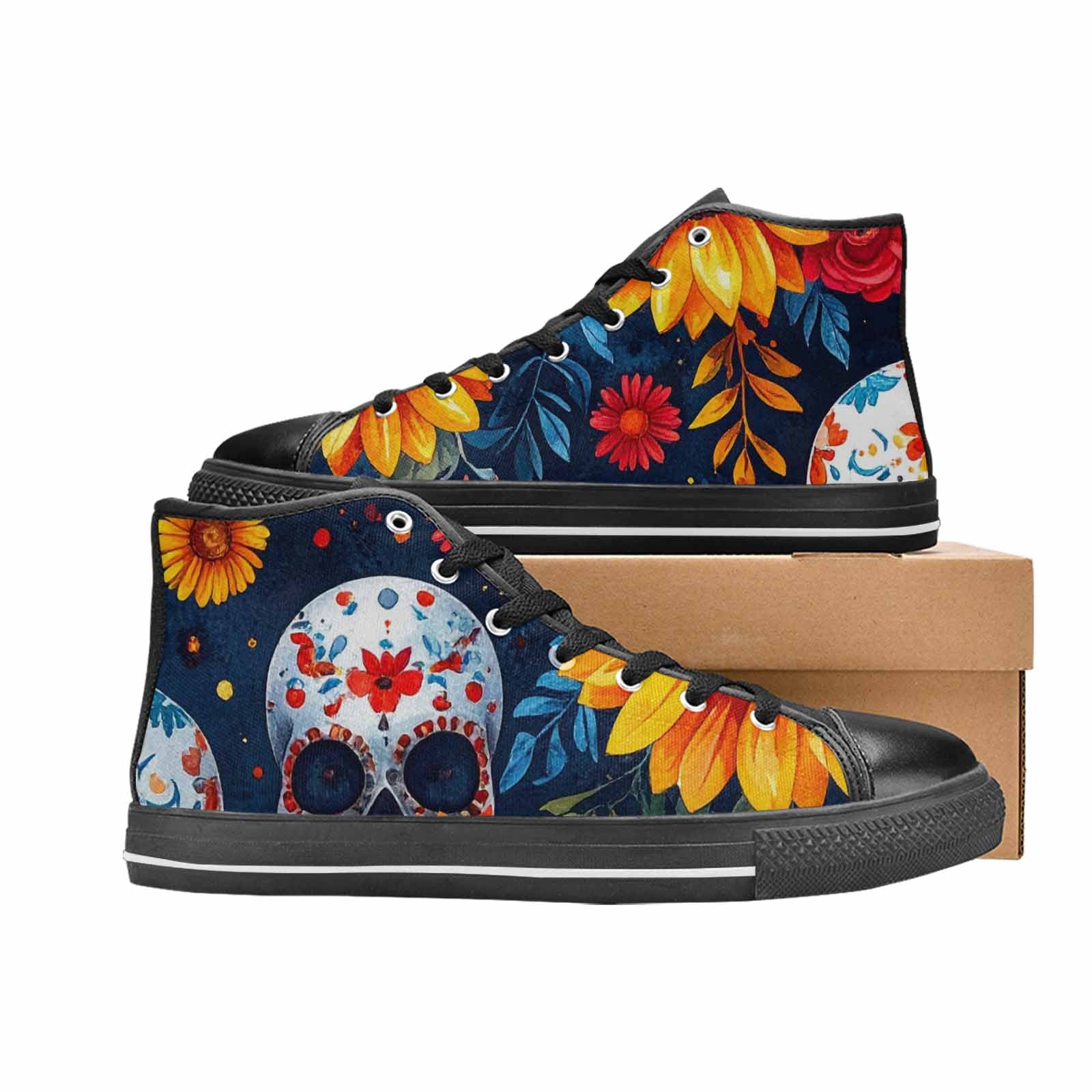 WOMEN'S Sunflower Skulls Print High Top Canvas Y2K Custom Sneakers