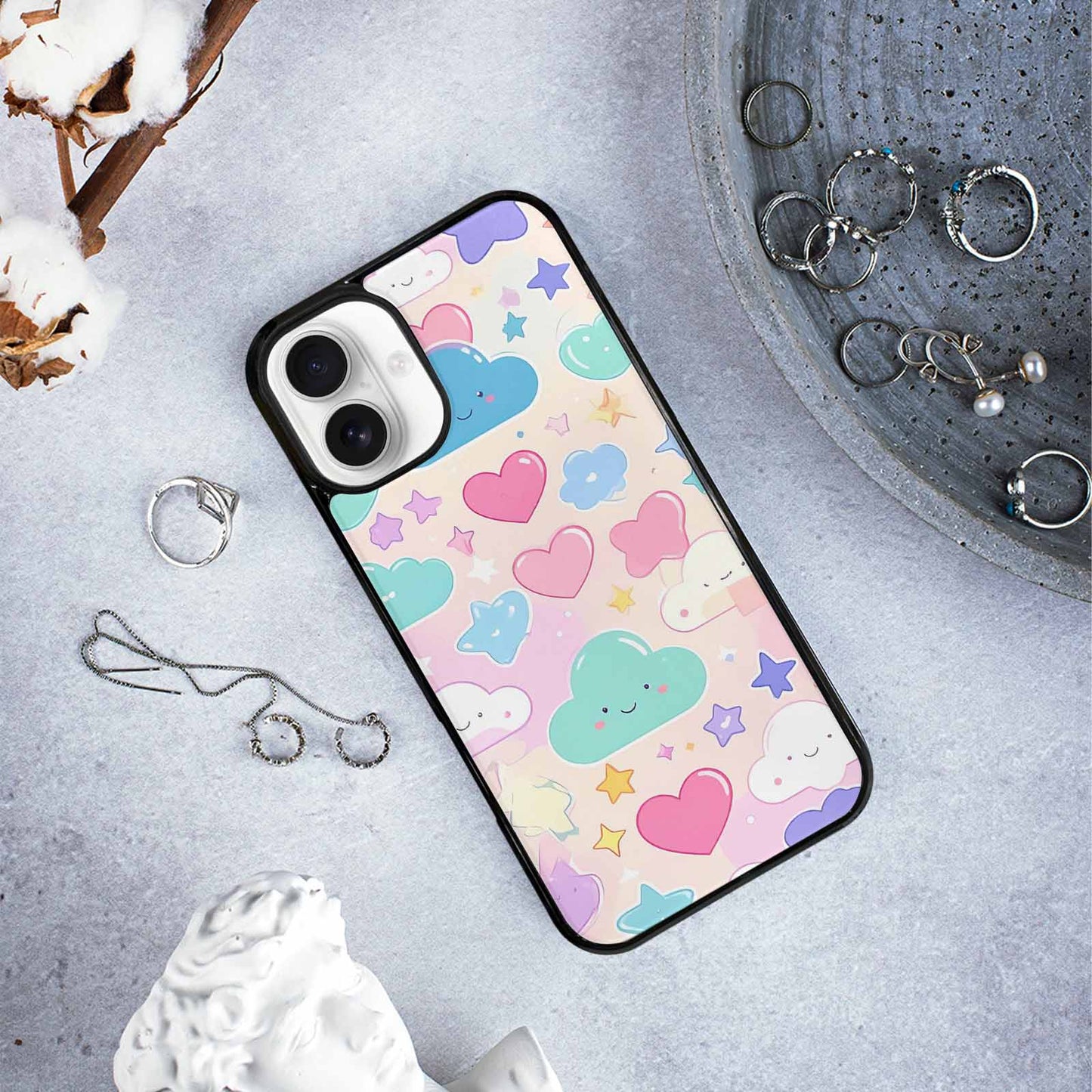 iPhone 16 Plus Case — Cute Kawaii Style Generic Icons Stars, Custom Print Case Cover