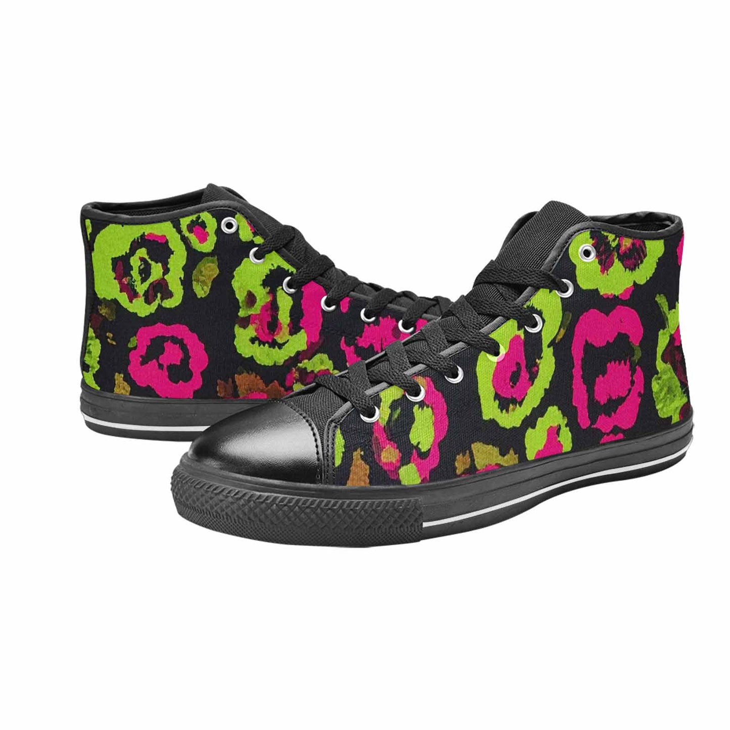 WOMEN'S Leopard Neon Rosette Black High Top Canvas Neon Fantasy Custom Sneakers