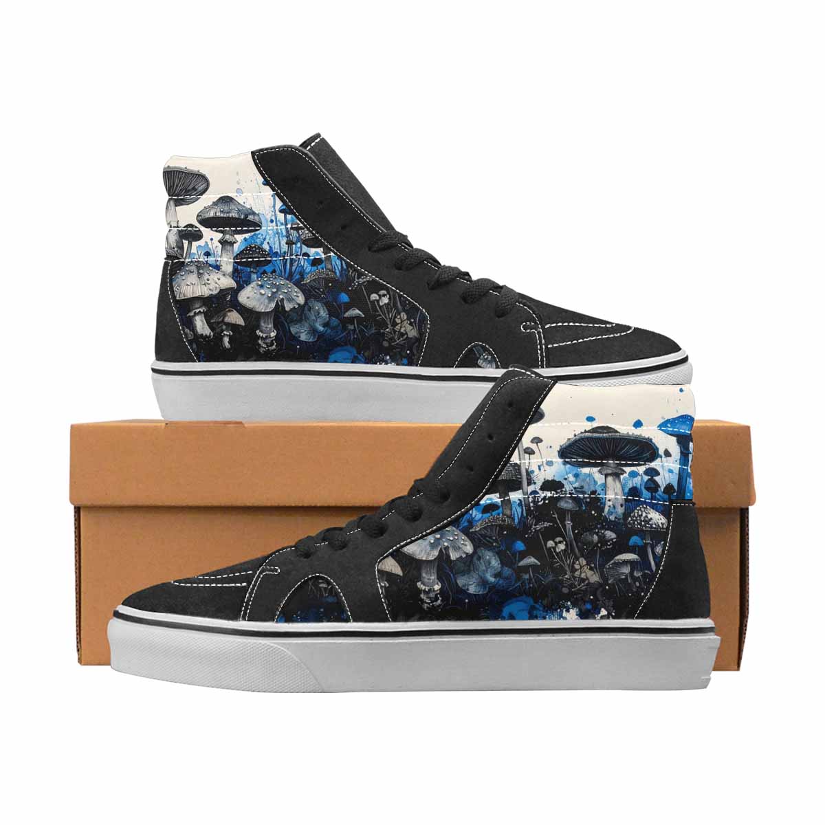 WOMEN'S Mushrooms Black & Blue Ink High Top Canvas Unique Print Vivid Custom Kicks