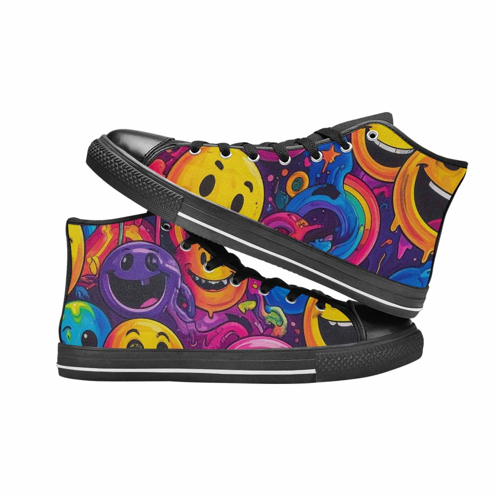 MEN'S Yellow Smiley Face High Top Canvas Wallpaper Art Sneakers