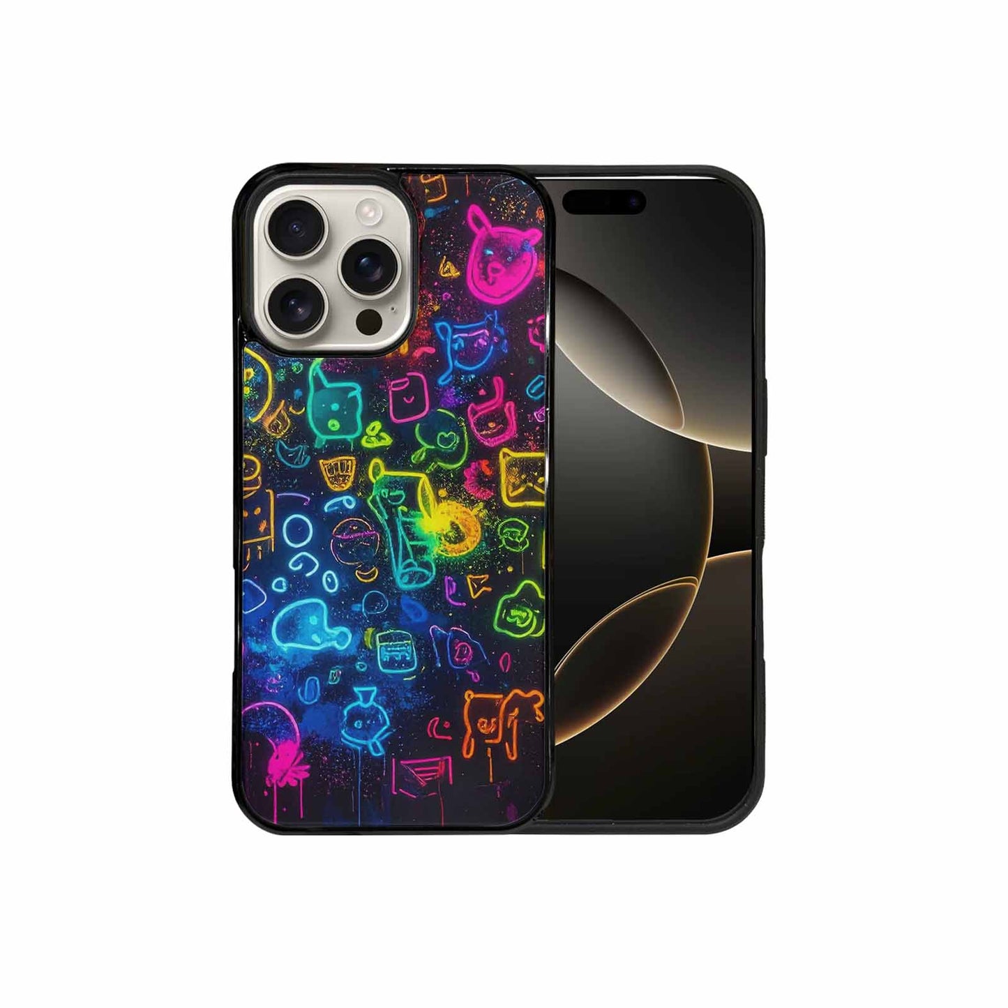 iPhone 16 Pro Max Case — Neon Glow Outline Icon Pattern Hundreds, Custom Art Phone Cover