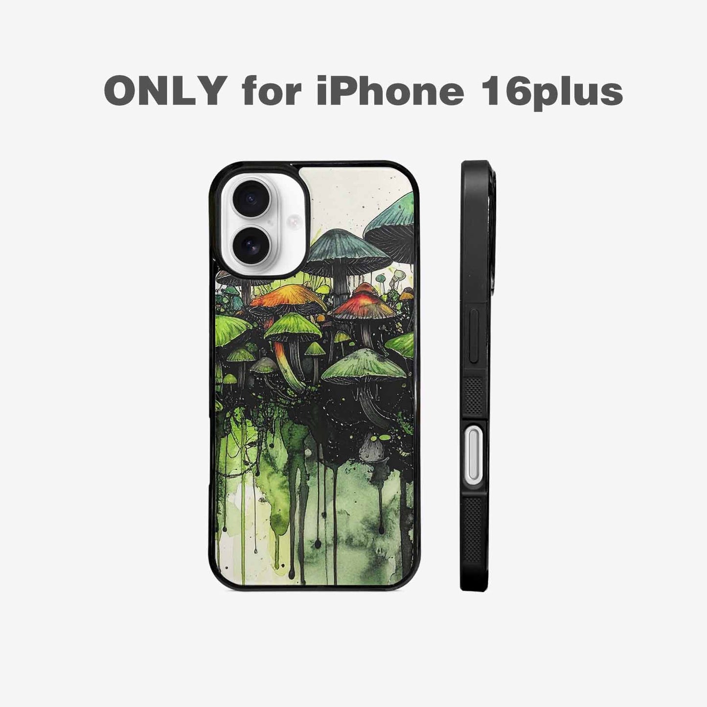iPhone 16 Plus Case — Rainbow Drip Mushrooms Black Green Ink, Unique Phone Case Design