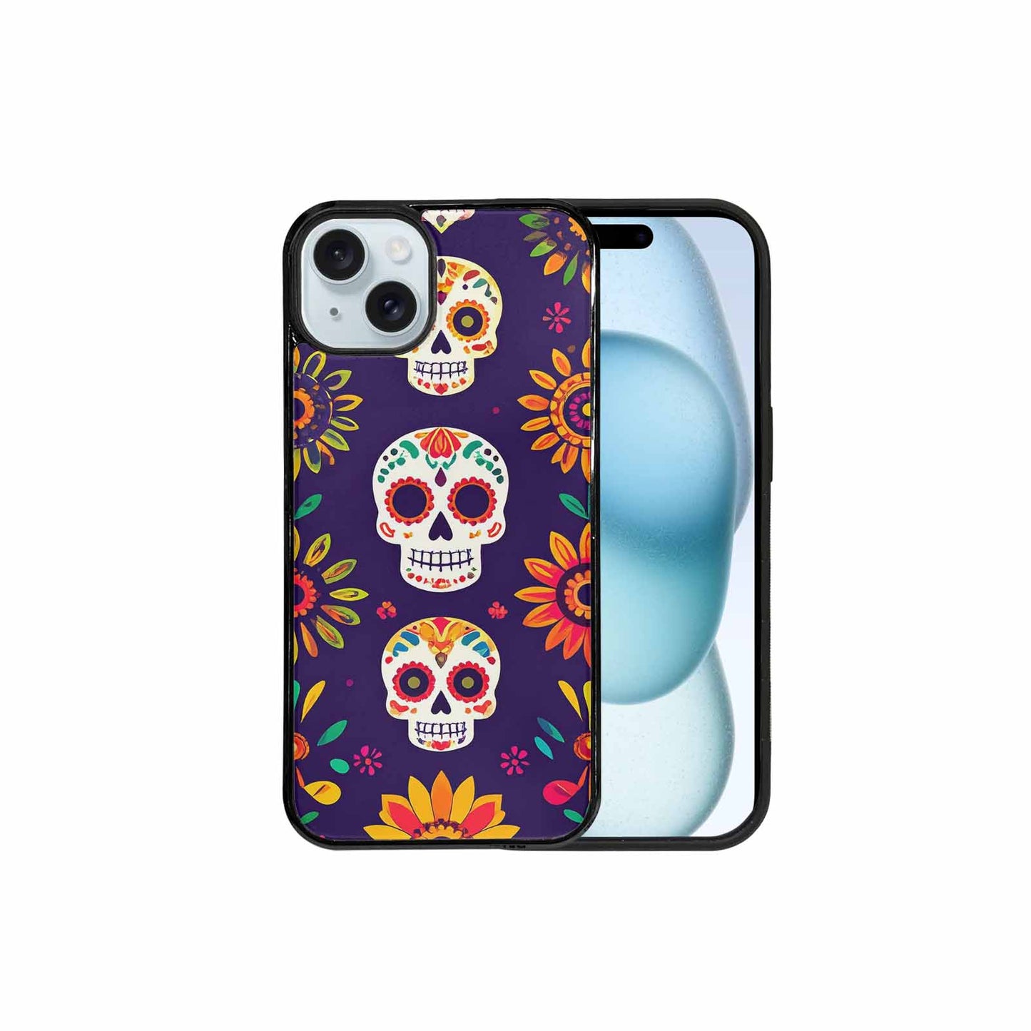 iPhone 15 Plus Case — Sunflowers Hundreds Of Skulls Art Seamless, Custom Printed Phone Case