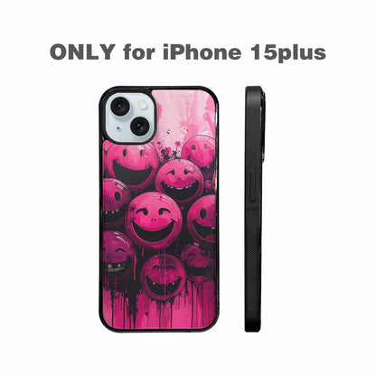 iPhone 15 Plus Case — Melting Moon Smiley Black Pink Ink, Unique Phone Case Design