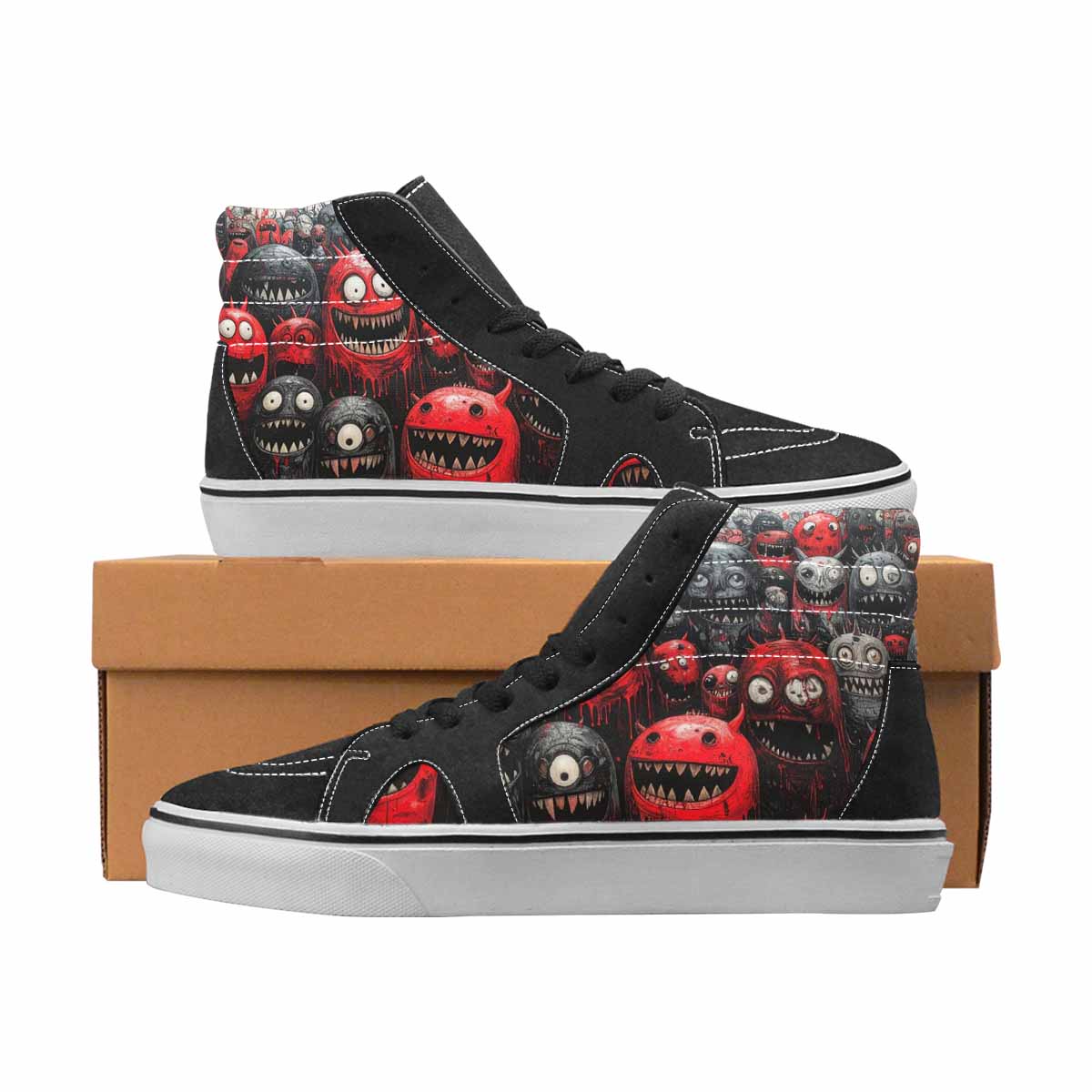 WOMEN'S Monsters Black & Red Ink High Top Canvas Bold Print Grunge Custom Print Sneakers