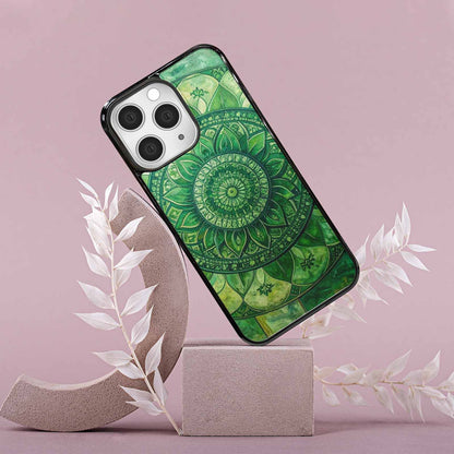 iPhone 15 Pro Max Case — Green Mandala Bohemian Print Edge To, Custom Designed Case Cover