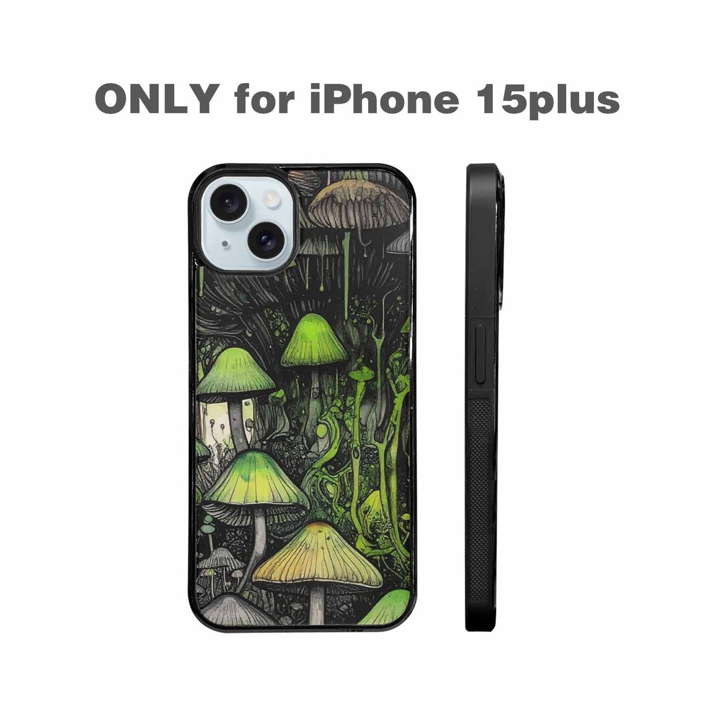 iPhone 15 Plus Case — Rainbow Drip Mushrooms Black Green Ink, Custom Printed Phone Case