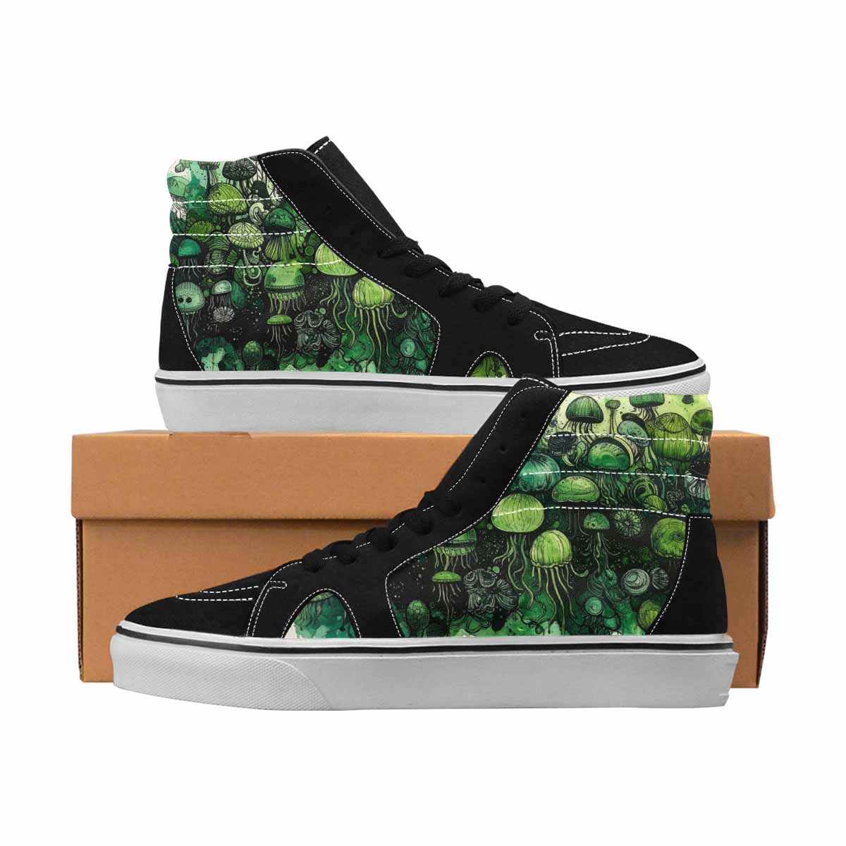 MEN'S Sea Creatures Black & Green Ink High Top Canvas Artist-designed Dark Academia Custom Art Shoes