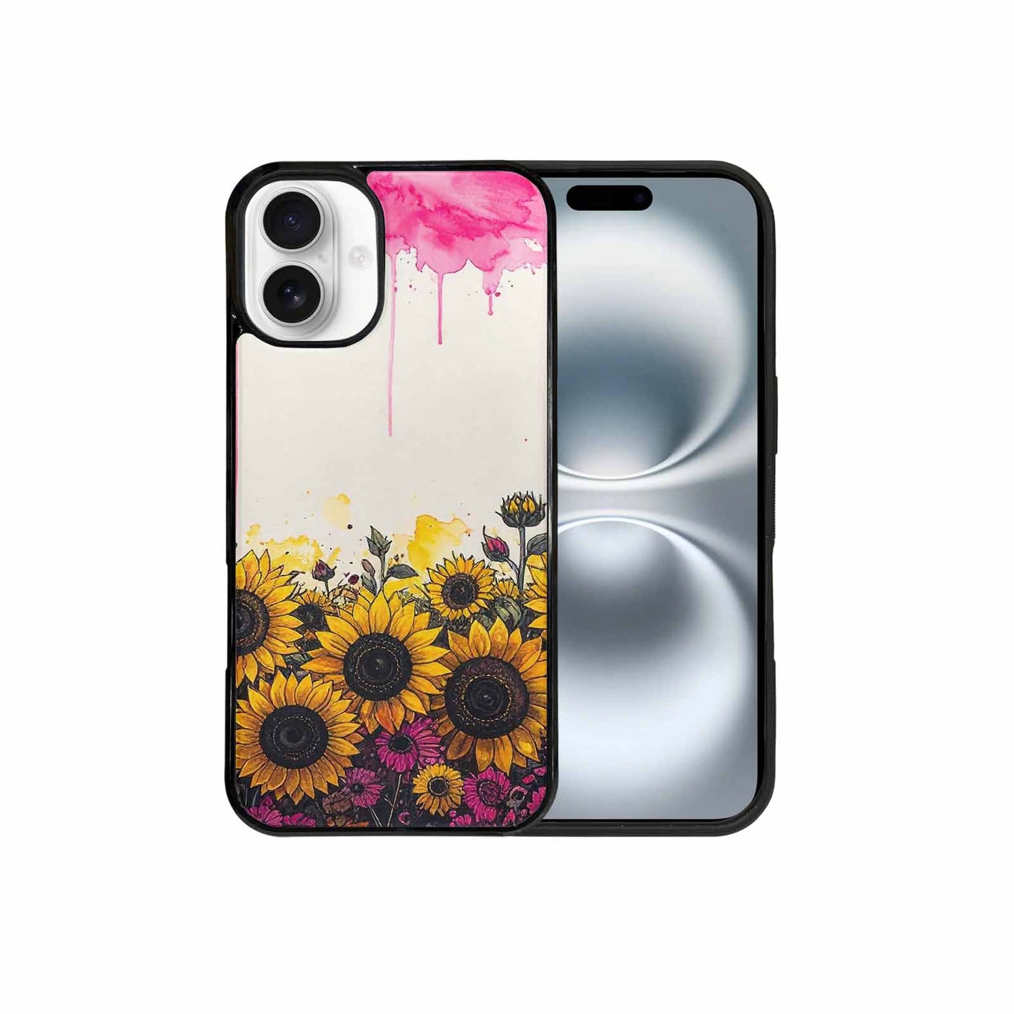 iPhone 16 Plus Case — Sunflower Burst Black Pink Ink Sunflowers, Custom Designed Case Cover