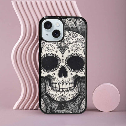 iPhone 15 Case — Intricately Detailed Sugar Skulls In Black, Custom Print Case Cover