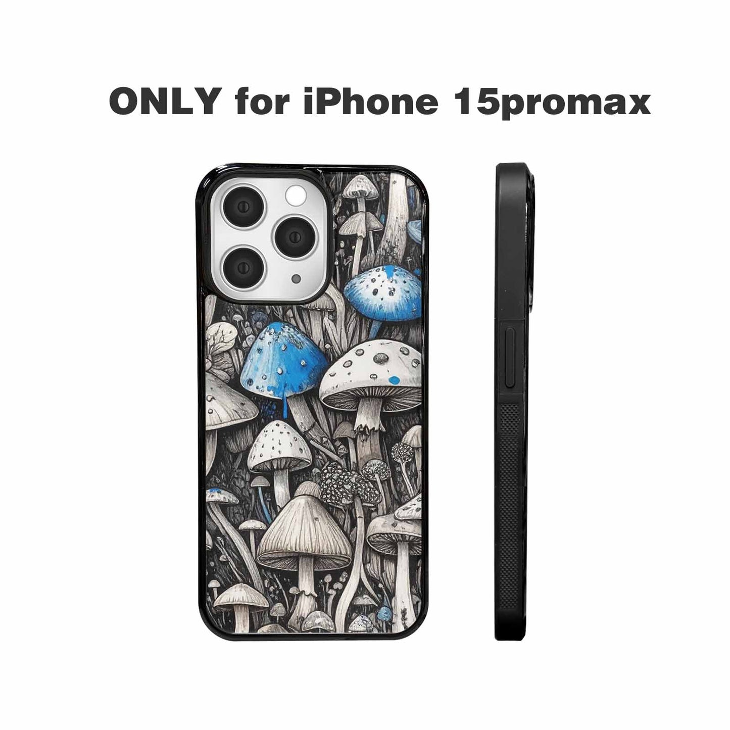 iPhone 15 Pro Max Case — Mushrooms General Black Blue Ink Mushrooms, Custom Made Phone Cover