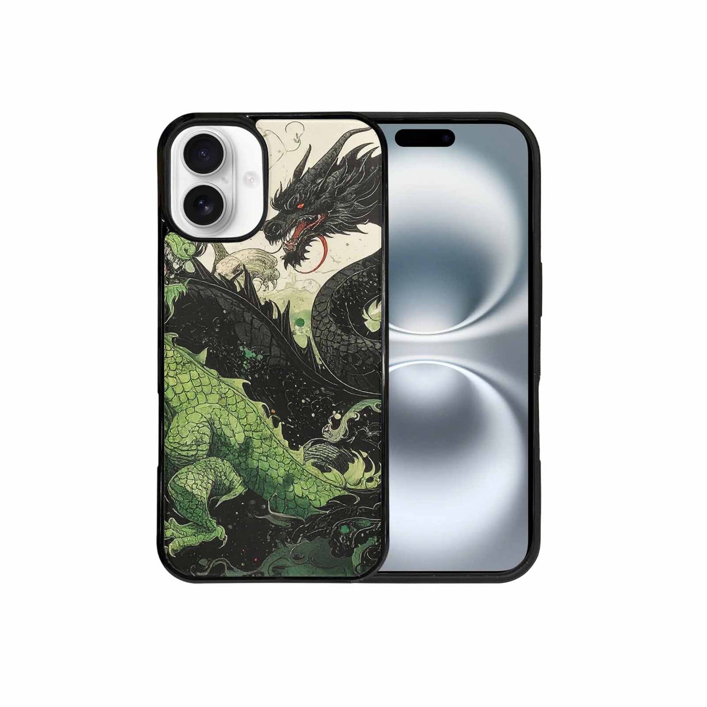 iPhone 16 Plus Case — Dragon Scale Black Green Ink Dragons, Unique Phone Case Design