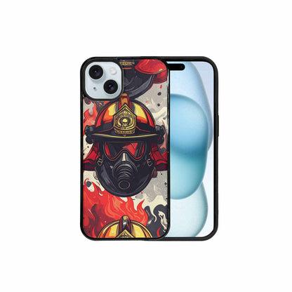 iPhone 15 Plus Case — Firefighter Pattern Flames Axes Helmets Seamless, Customized Protective Case