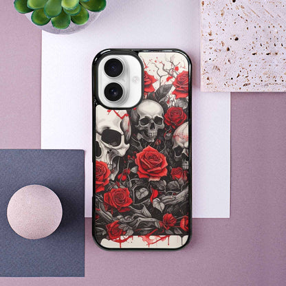 iPhone 16 Case — Skull And Roses Black Red Ink, Custom Print Case Cover