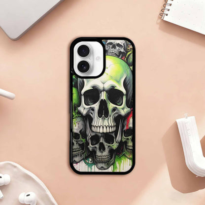 iPhone 17 Case — Black &amp; Green Ink Gothic Skulls, Personalized Phone Case