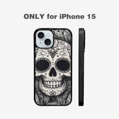 iPhone 15 Case — Intricately Detailed Sugar Skulls In Black, Custom Print Case Cover