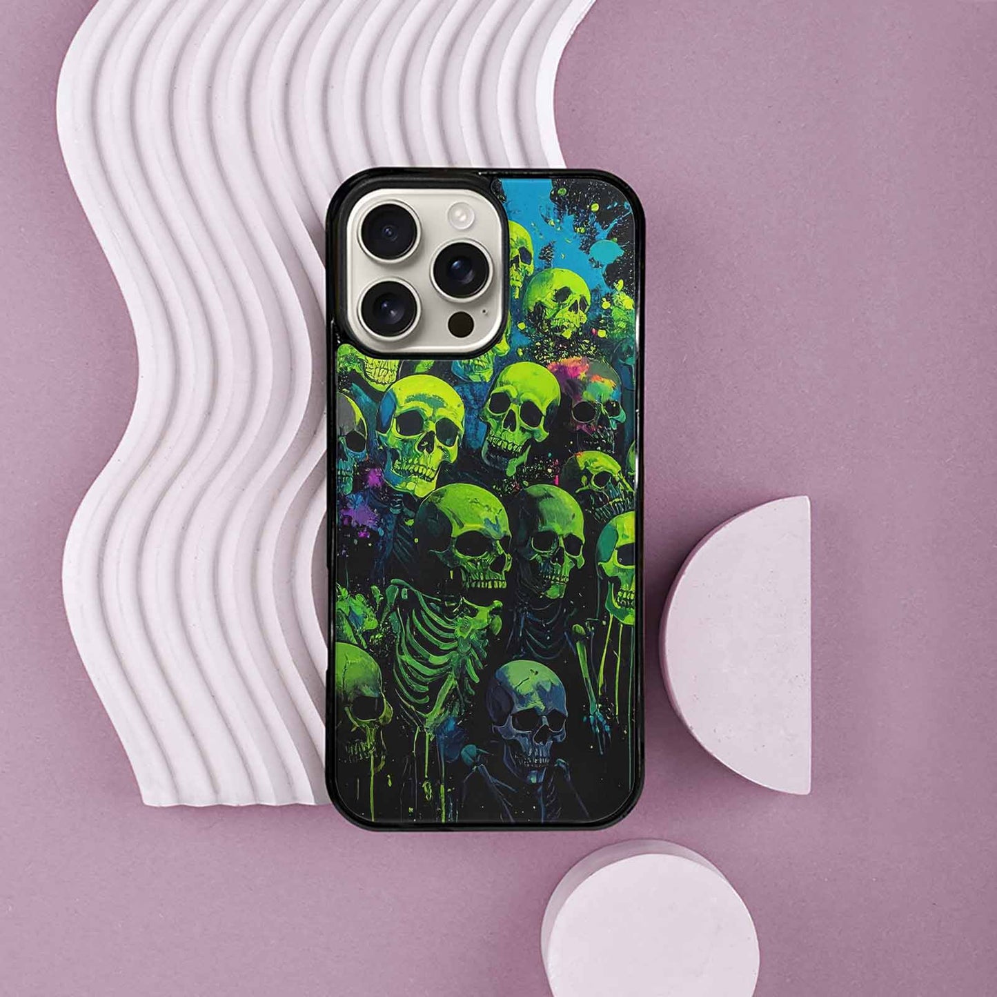 iPhone 16 Pro Max Case — Skeletons Neon Green Glow Skeletons Pattern, Customized Protective Case