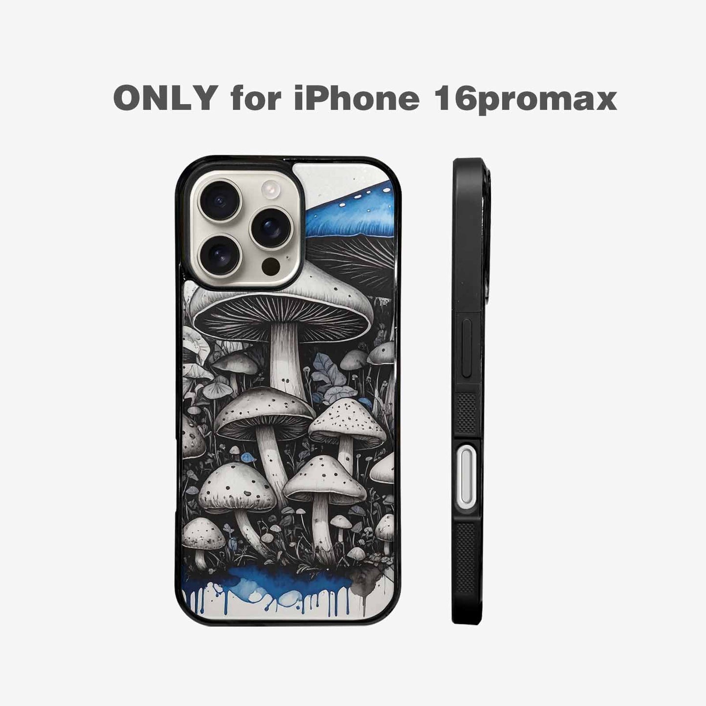iPhone 16 Pro Max Case — Mushrooms General Black Blue Ink Mushrooms, Unique Phone Case Design