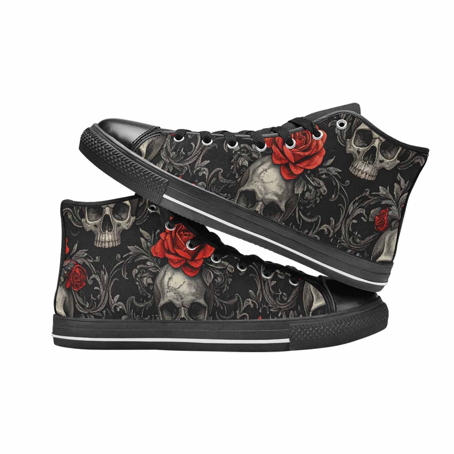 WOMEN'S Skulls Roses Fine Line High Top Canvas Vibrant Chaos Custom Shoes