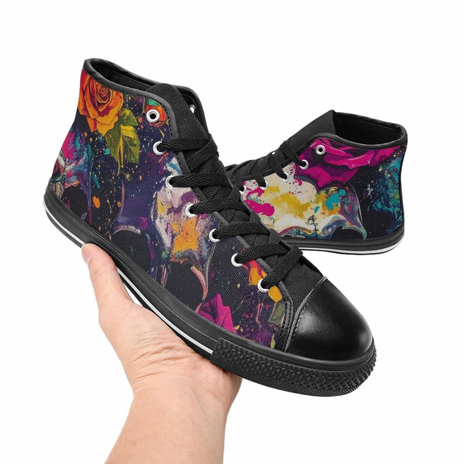 WOMEN'S Skulls Roses Acid Wash High Top Canvas Neon Fantasy Custom Sneakers