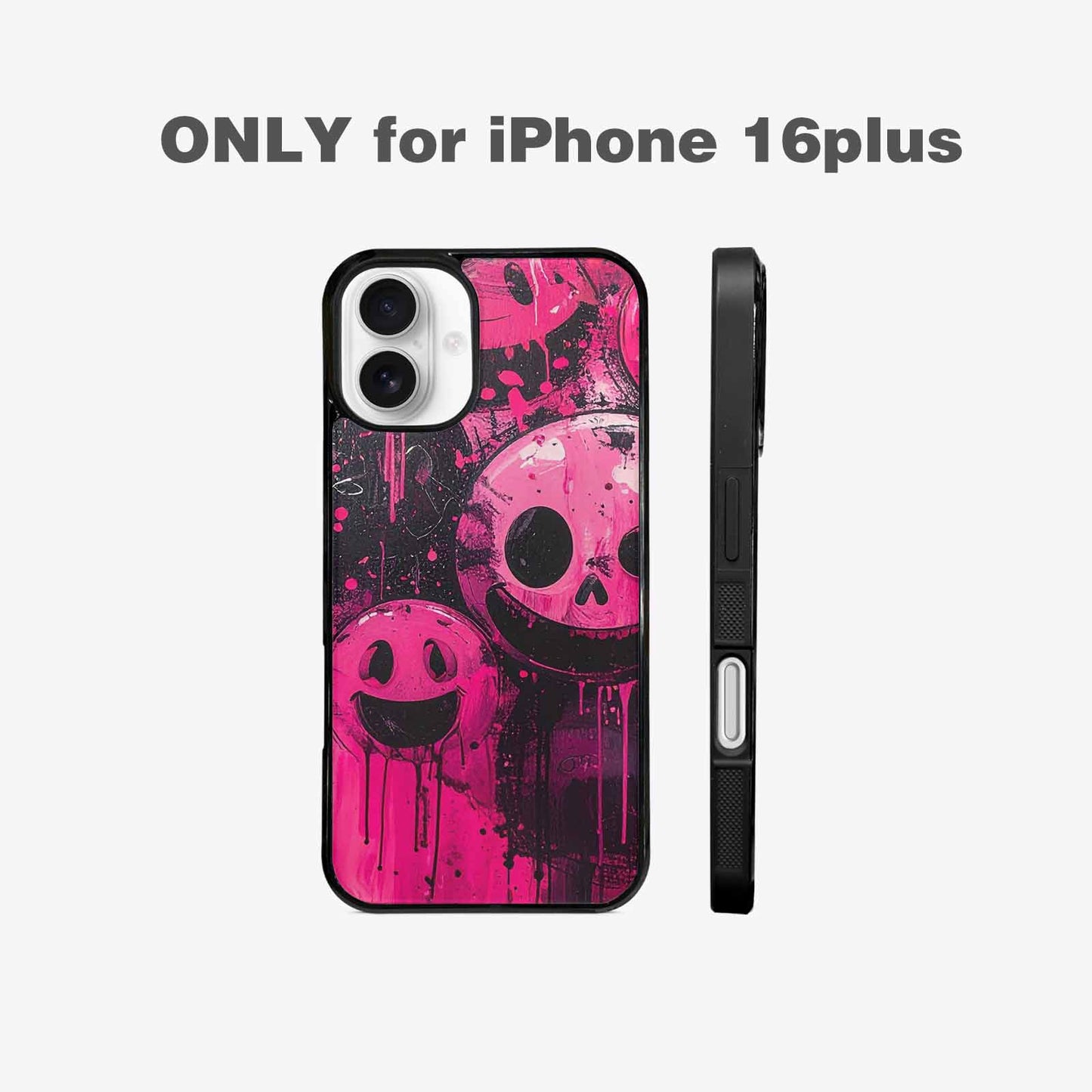 iPhone 16 Plus Case — Melting Moon Smiley Black Pink Ink, Custom Printed Phone Case