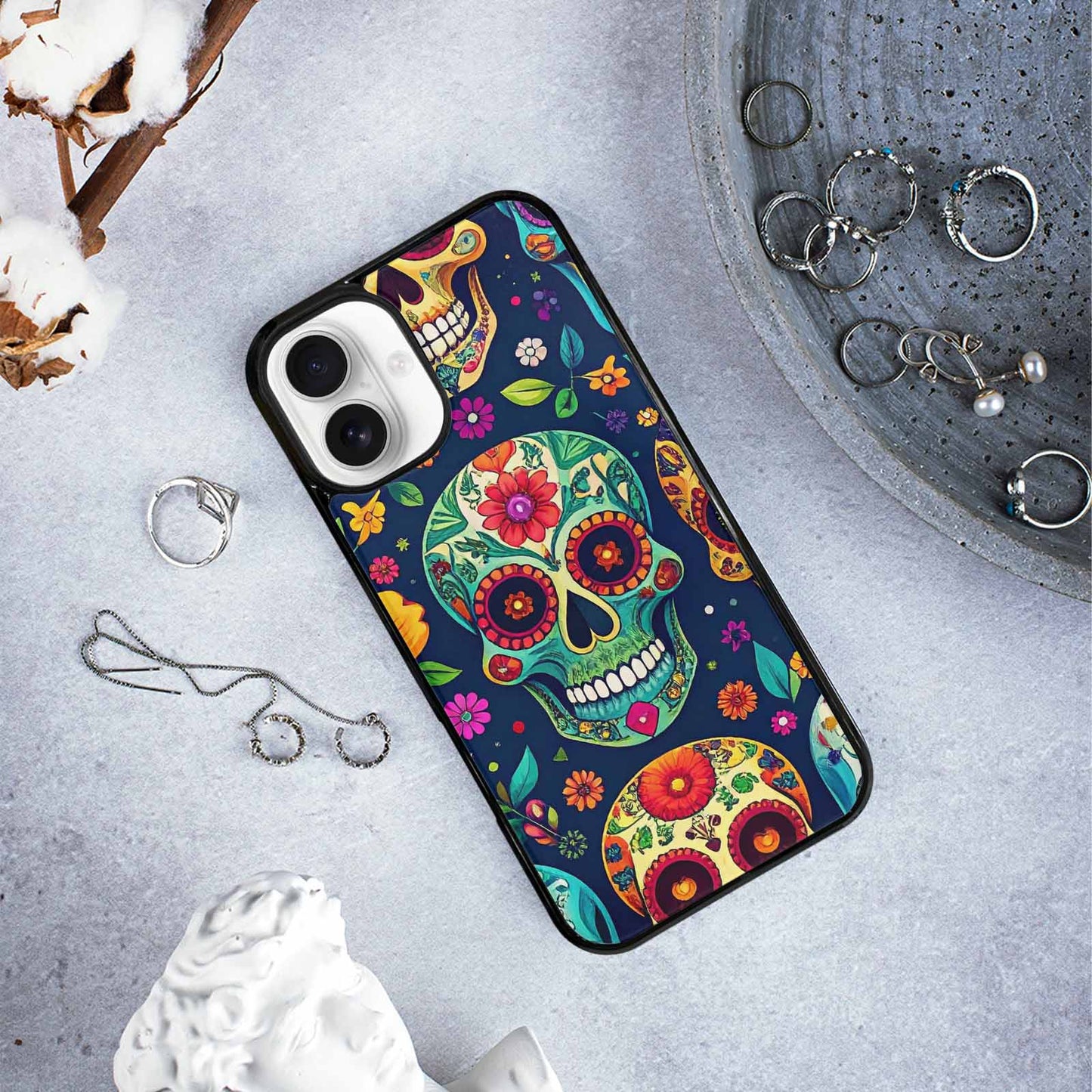 iPhone 16 Plus Case — Rainbow Sugar Skull Weave, Custom Printed Phone Case