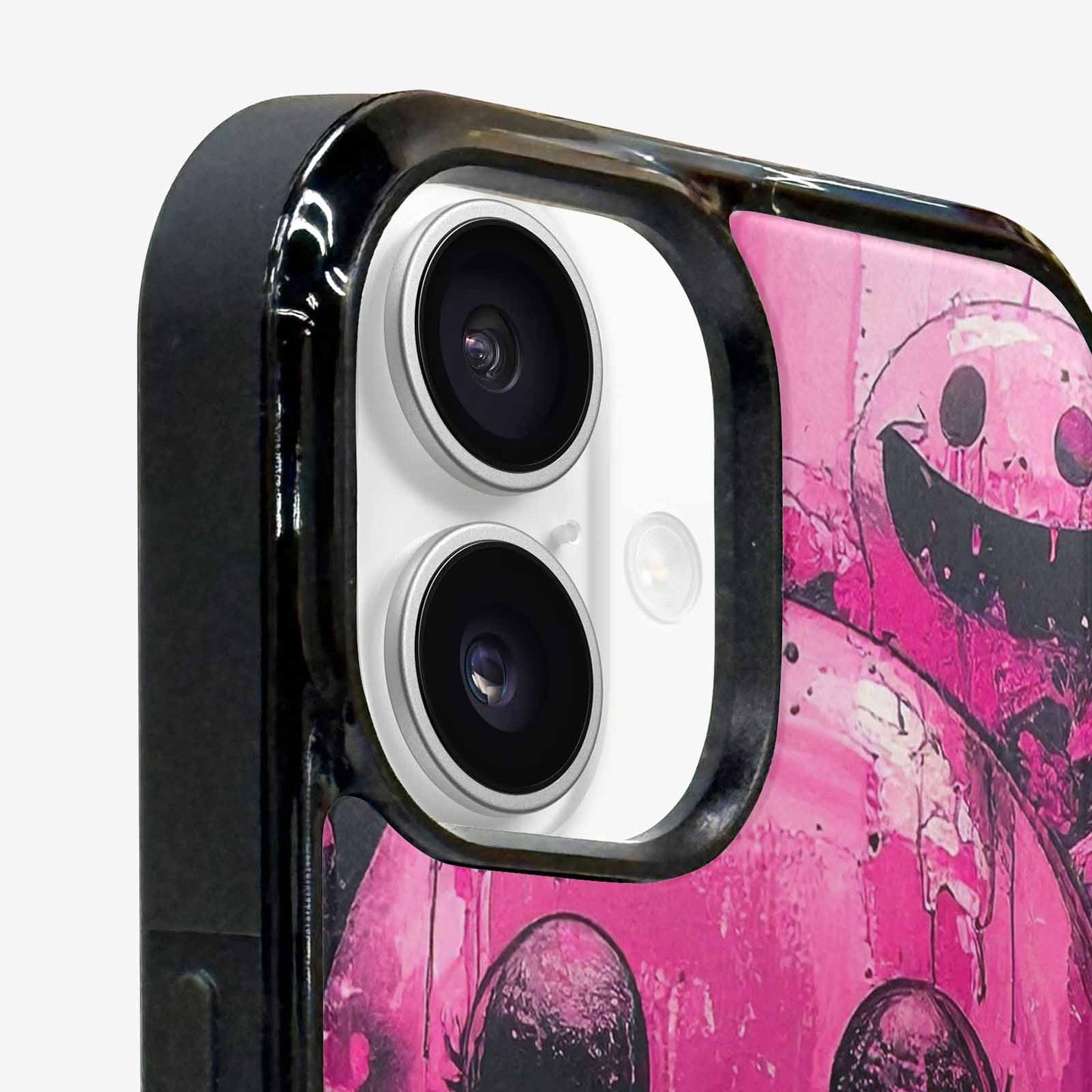 iPhone 16 Case — Melting Moon Smiley Black Pink Ink, Custom Art Phone Cover