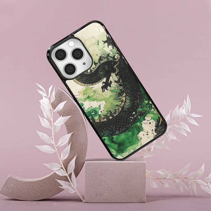 iPhone 15 Pro Max Case — Dragon Scale Black Green Ink Dragons, Custom Printed Phone Case