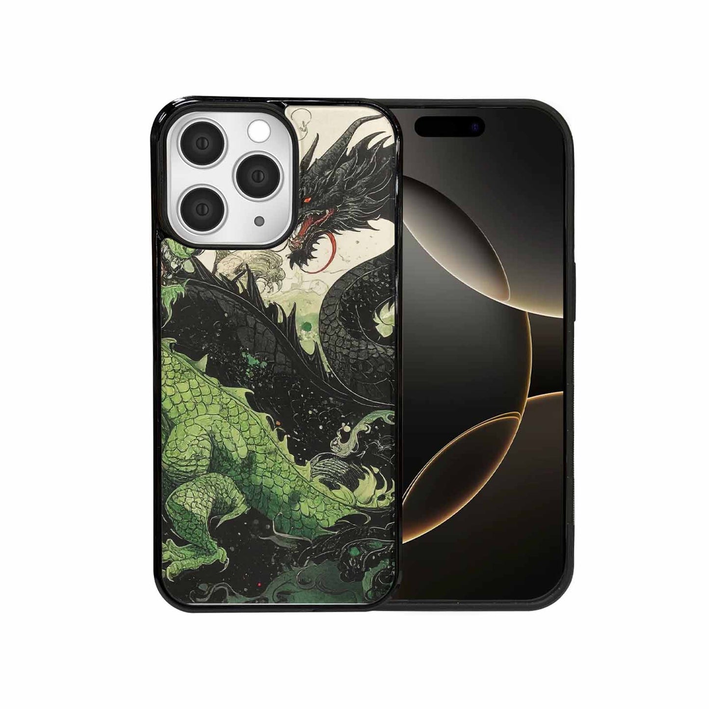 iPhone 15 Pro Max Case — Dragon Scale Black Green Ink Dragons, Custom Made Phone Cover