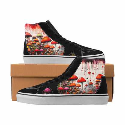MEN'S Mushrooms Black & Red Ink High Top Canvas Custom Design Neon Fantasy Original Art Sneakers