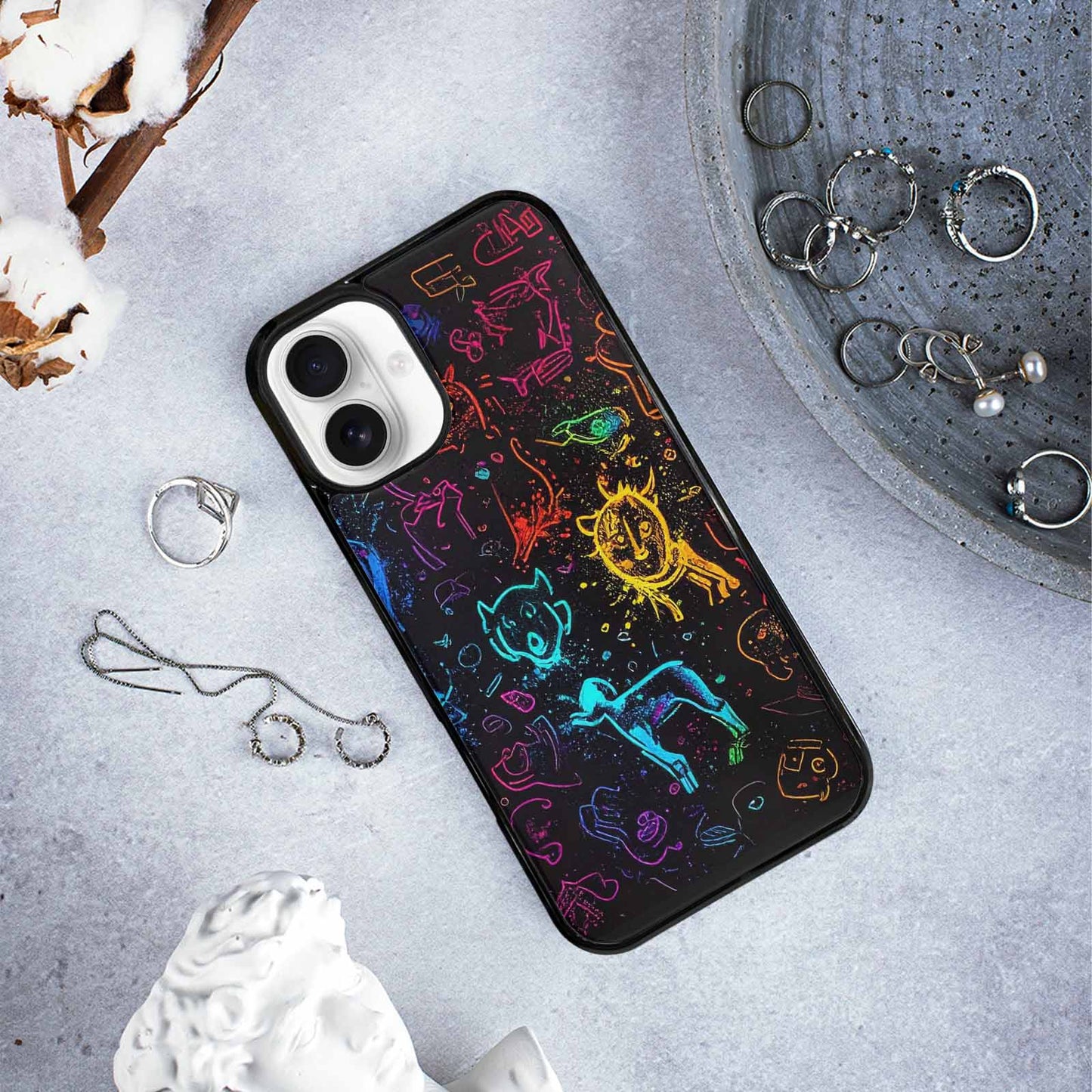 iPhone 16 Plus Case — Neon Glow Outline Icon Pattern Hundreds, Unique Phone Case Design