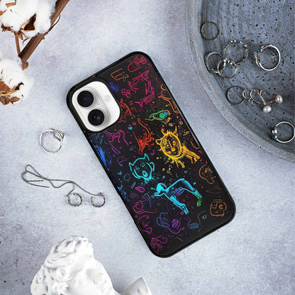 iPhone 16 Plus Case — Neon Glow Outline Icon Pattern Hundreds, Unique Phone Case Design