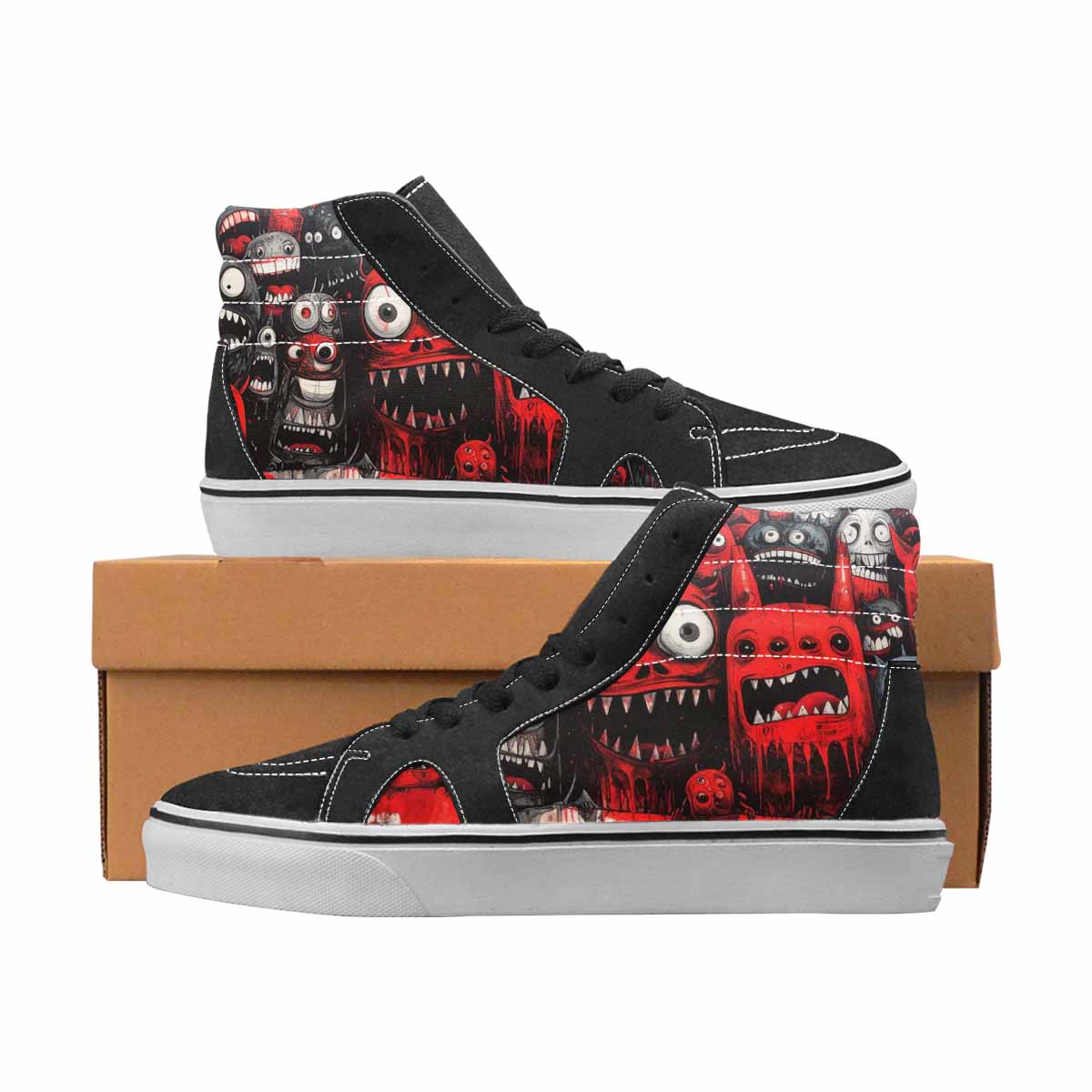 WOMEN'S Monsters Black & Red Ink High Top Canvas Bold Print Grunge Custom Streetwear Shoes