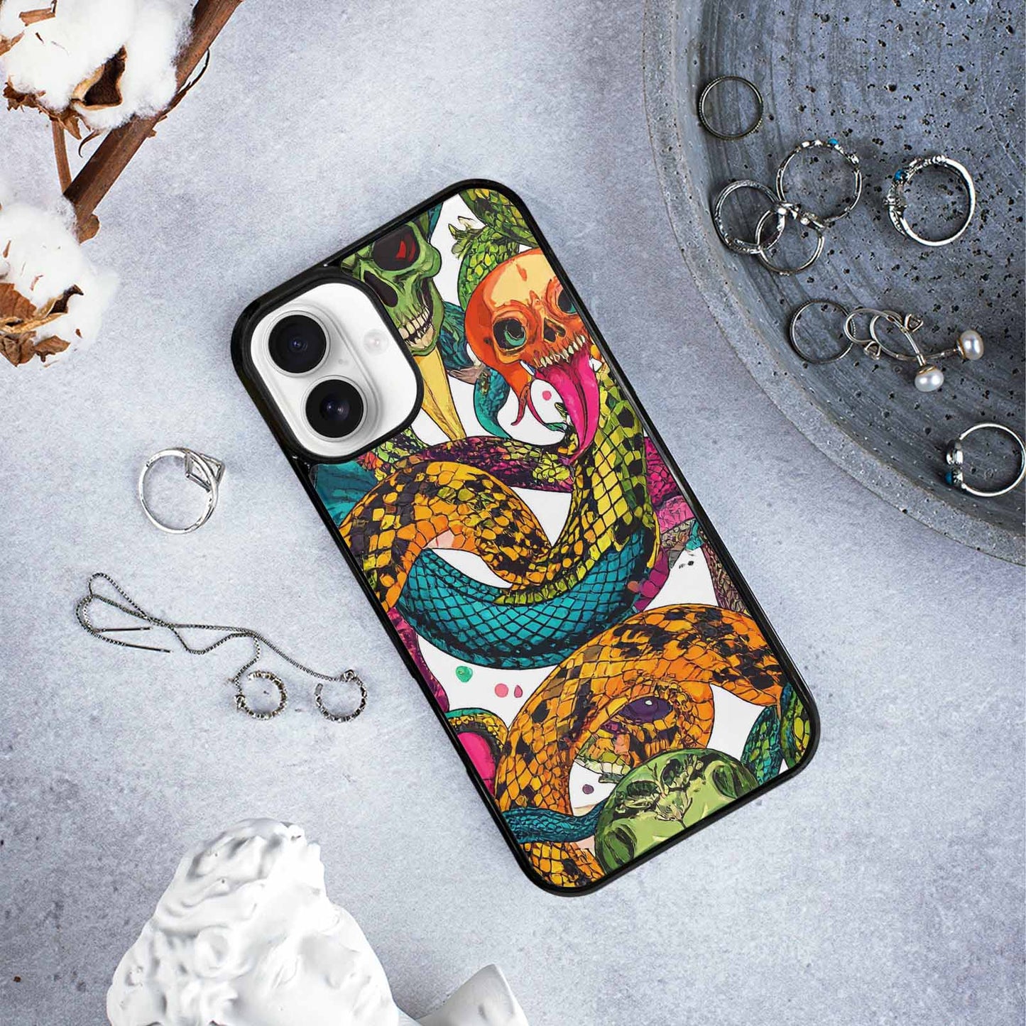iPhone 16 Plus Case — Snake Print Skull, Custom Designed Case Cover