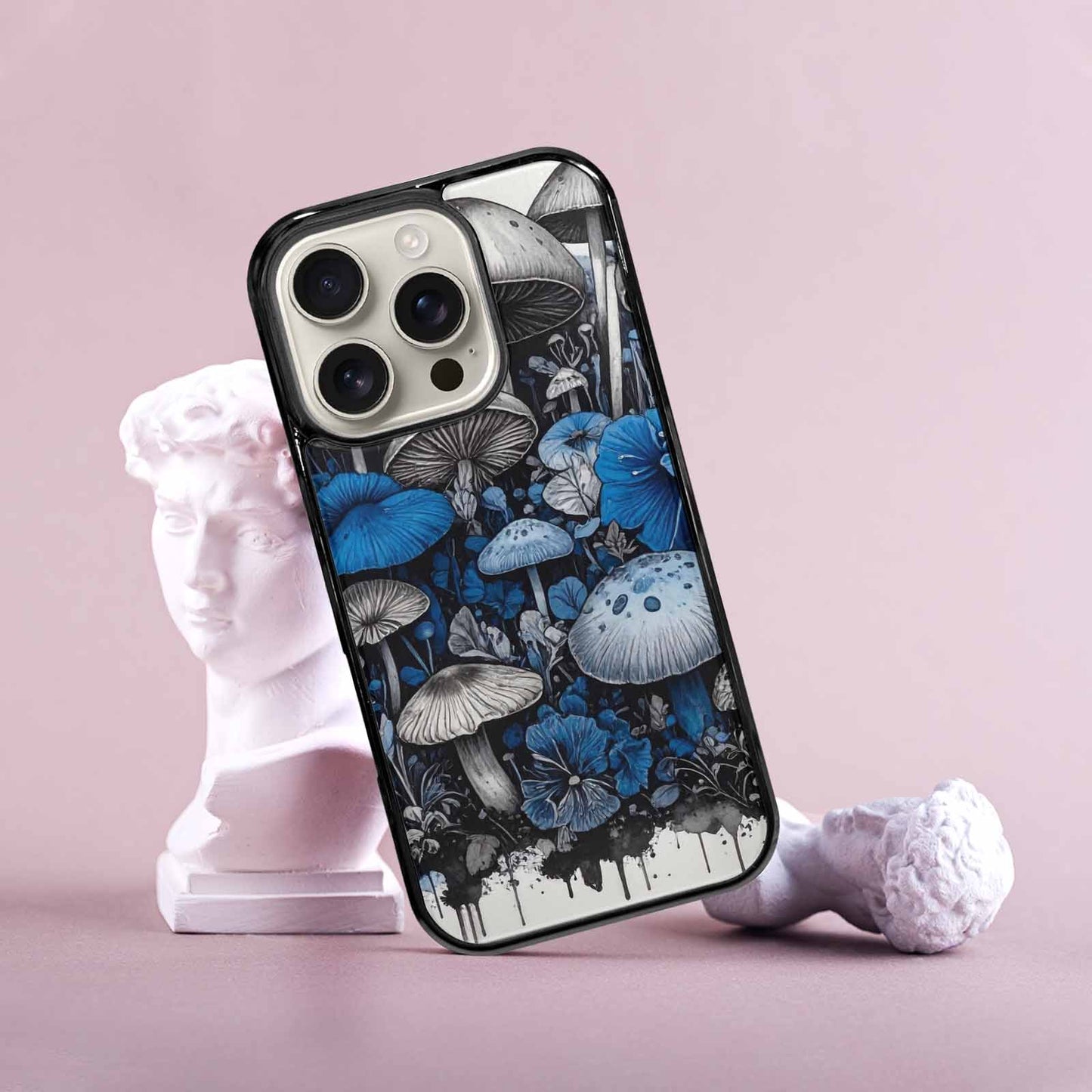 iPhone 16 Pro Case — Mushrooms General Black Blue Ink Mushrooms, Personalized Phone Case
